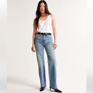 Abercrombie High Rise Relaxed Jean - Medium Wash with Let Down Hem